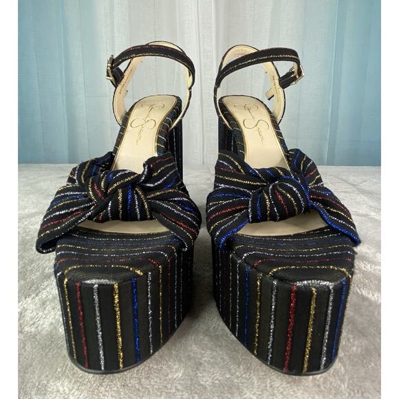 Jessica Simpson | Womens 8 Platform Heels Black Multi Striped Block High Heels - Picture 2 of 11